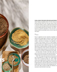 Spread from a cookbook showing ingredients and tools with text on a white background.