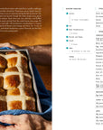 Hot cross buns in a pan held by a person with a recipe on the right side.