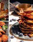 Collage of food images including pancakes with syrup, fried chicken, and a salad.