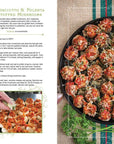 Stuffed mushrooms in a pan with recipe text and images on the left