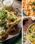 Three images of food: a stack of quesadillas with avocado cream, a dish with bread and greens, and a bowl of soup with a hand holding bread.