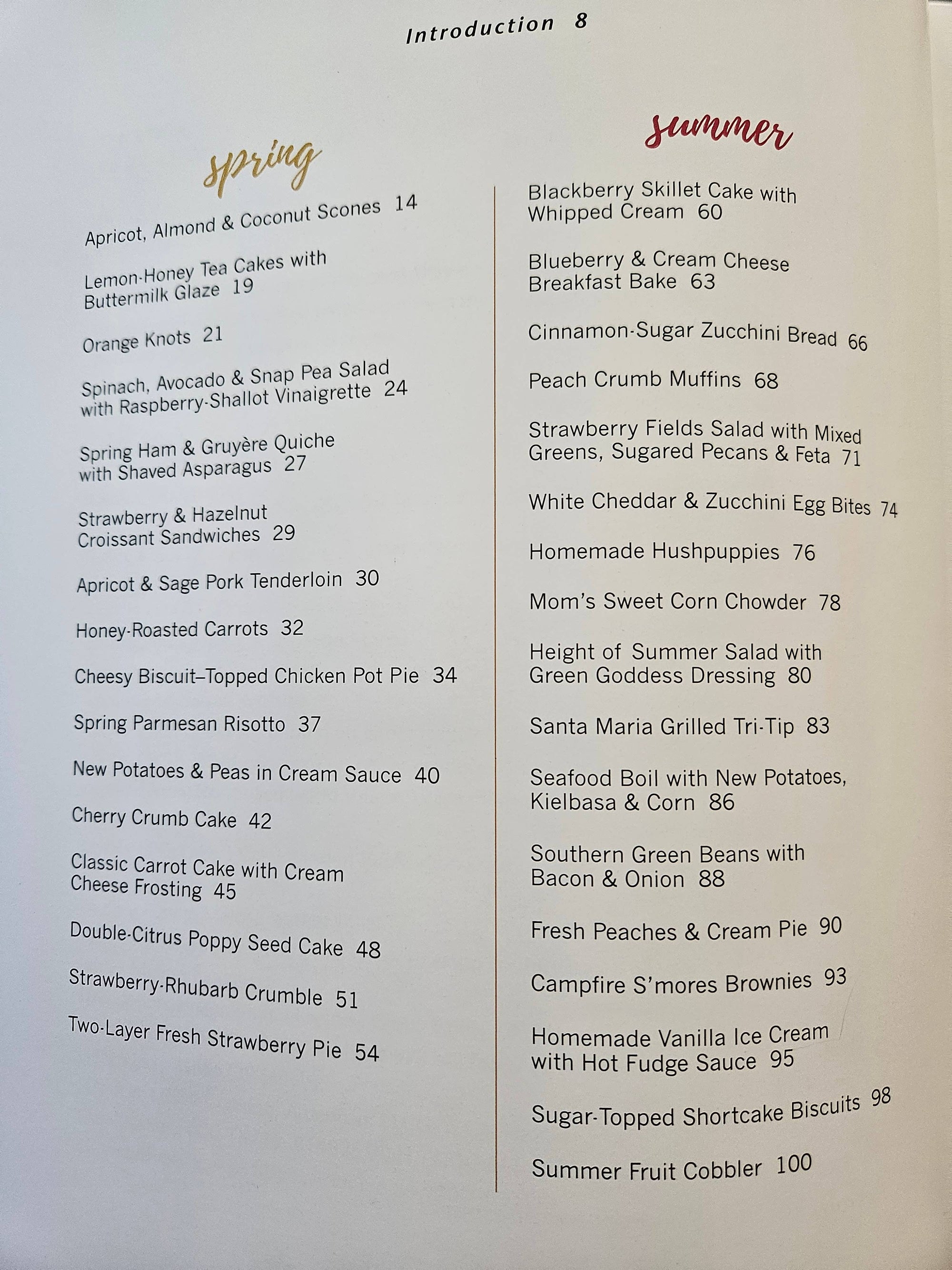 Menu with a list of dishes categorized by season, featuring spring and summer items.