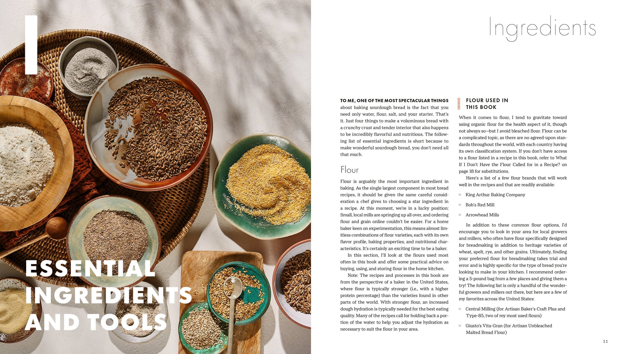 Spread from a cookbook showing ingredients and tools with text on a white background.
