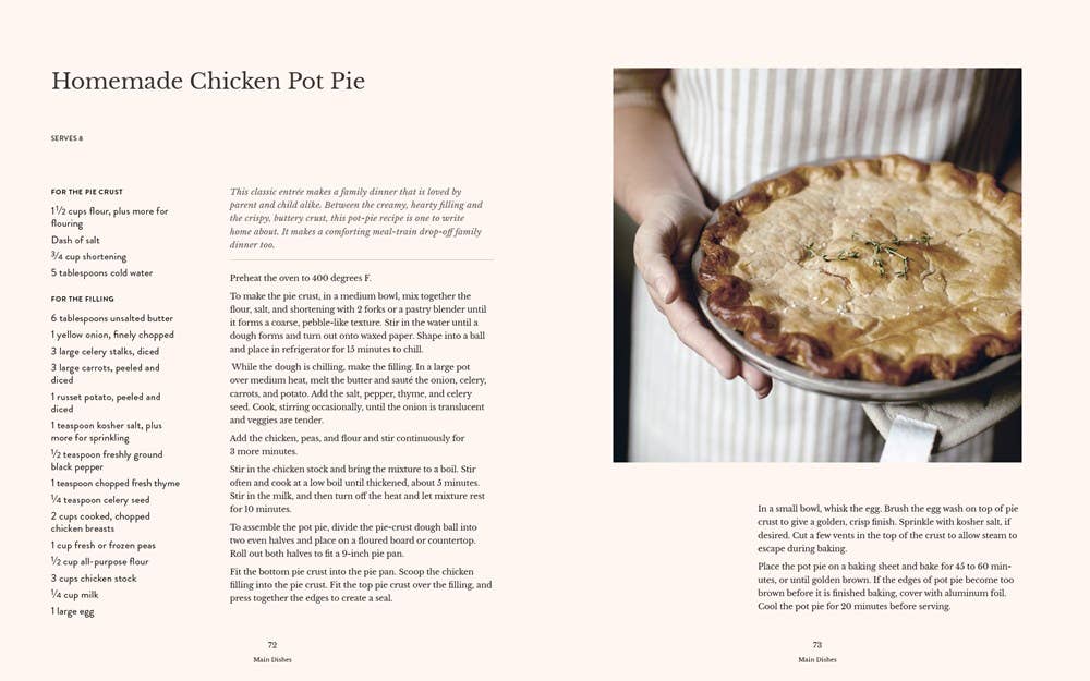 Book page with a recipe for homemade chicken pot pie and an image of a person holding a pie.