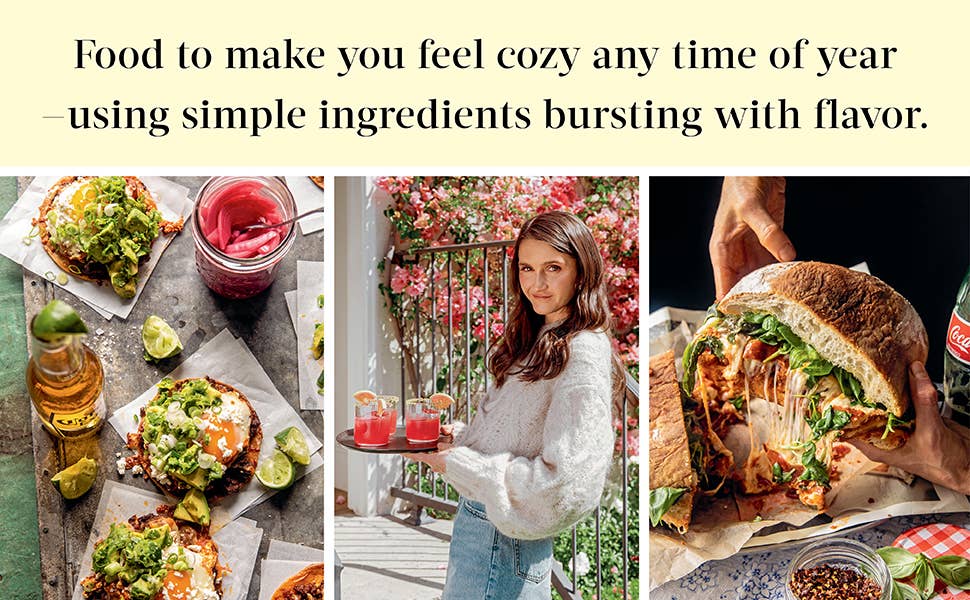 Promotional graphic for cozy food recipes using simple ingredients, featuring images of food and a person outdoors.