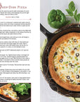 Recipe for deep-dish pizza with ingredients and a cooked pizza on a pan.