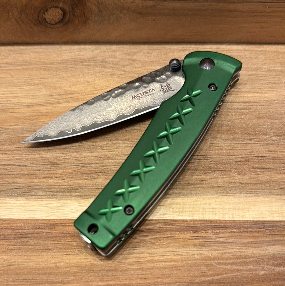 Fusion • VG-10 Core Damascus • Green Anodized Aluminum • Folding Knife • Mcusta