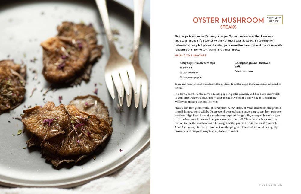 Oyster mushroom steaks on a plate with a fork, alongside a recipe description.