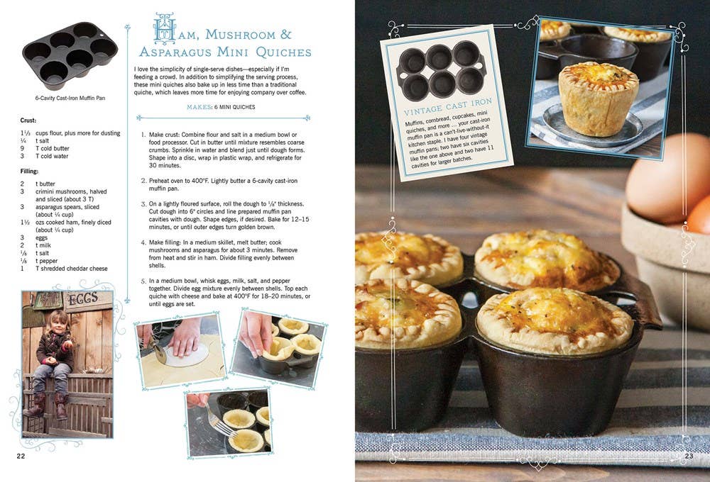 Recipe page for mushroom and asparagus mini quiches with visual instructions and images.