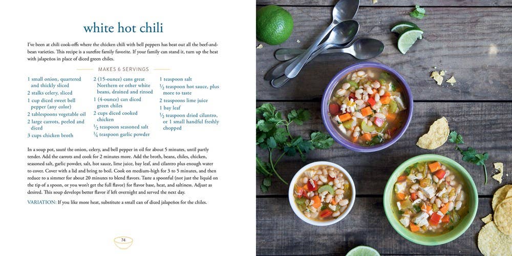 Recipe for white hot chili with ingredients and bowls of soup on a wooden surface
