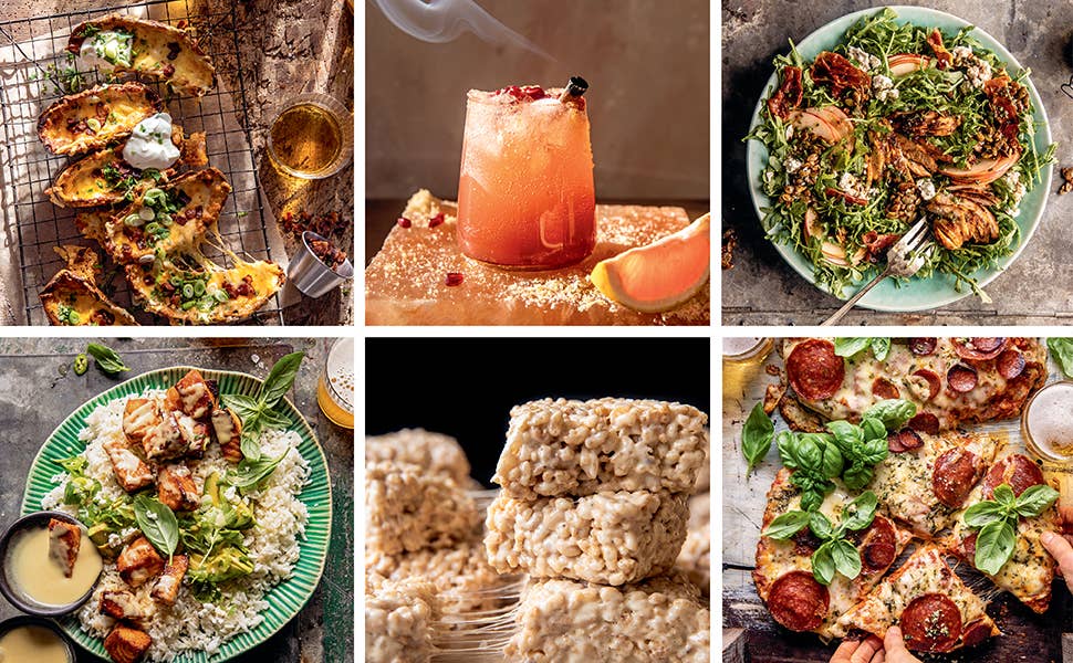 Collage of various food items including a salad, pizza, and rice cakes.