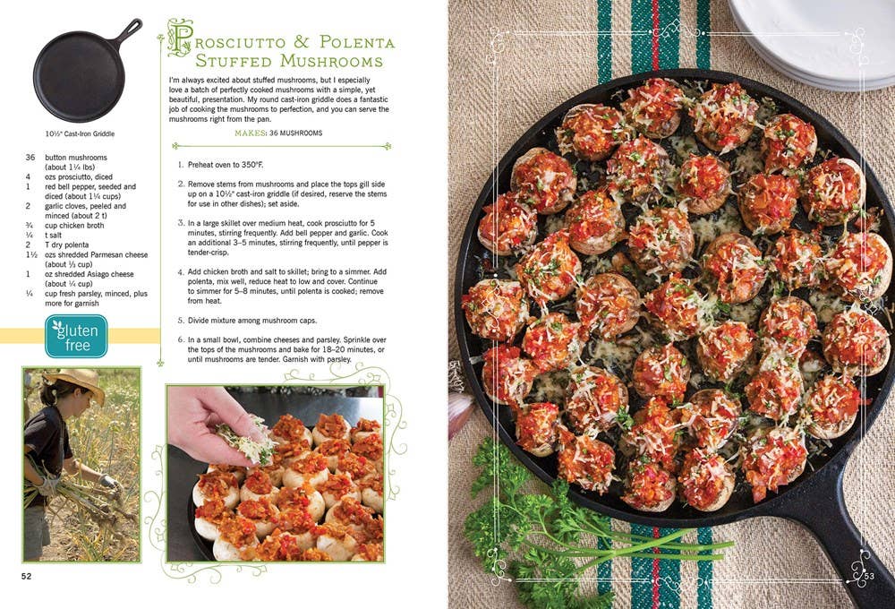 Stuffed mushrooms in a pan with recipe text and images on the left