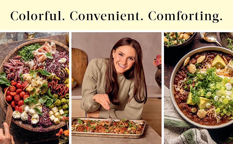 Collage of images showing a woman preparing food, a colorful salad, and a bowl of chili with text 'Colorful. Convenient.