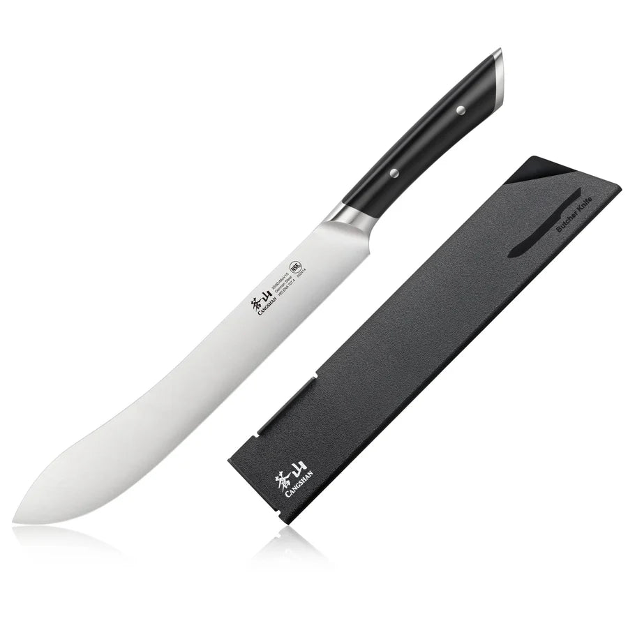 Kitchen knife with black handle and white blade, accompanied by a black sheath on a white background