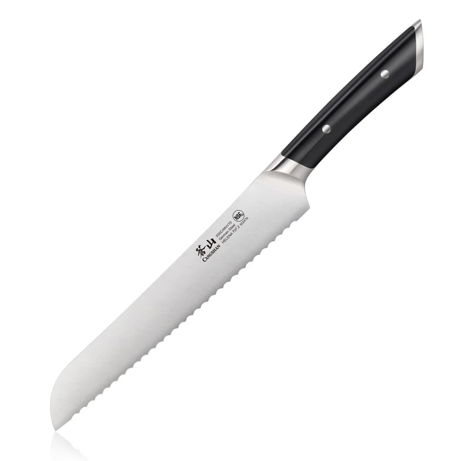 Knife with a white handle and black blade on a white background