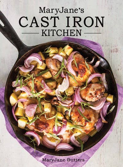 Cookbook cover of 'MaryJane's Cast Iron Kitchen' with a skillet of food on a white background.