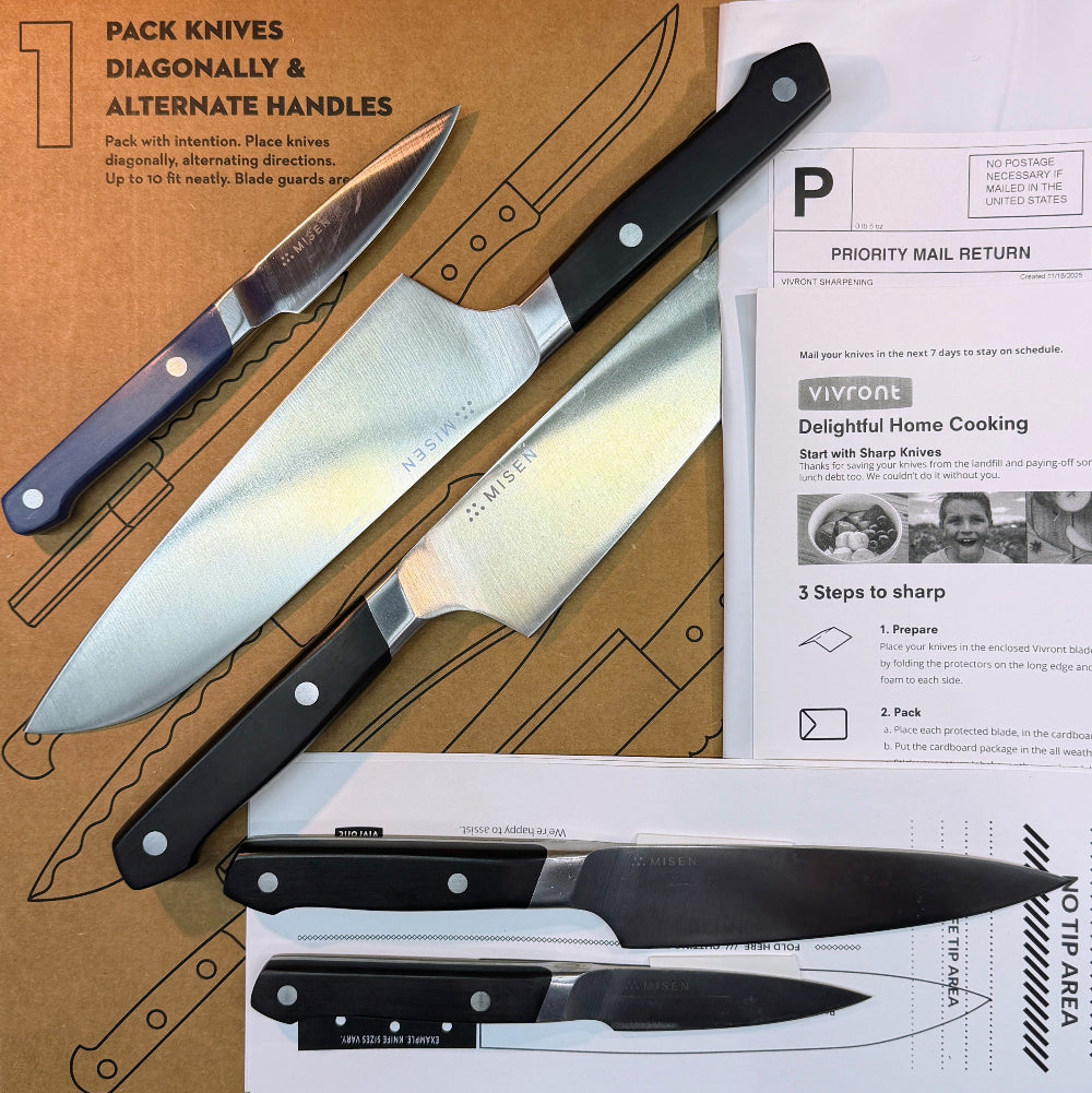 Set of MISEN knives with black handles on a cardboard surface with text and images.