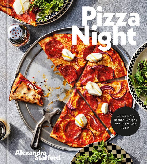 Book cover of 'Pizza Night' by Alexandra Stafford with a pizza and salad on a gray background