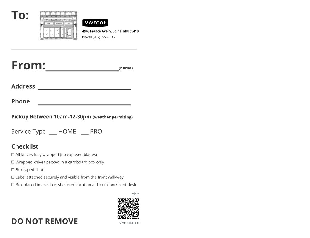 Service request form with vivront logo and contact information on a white background