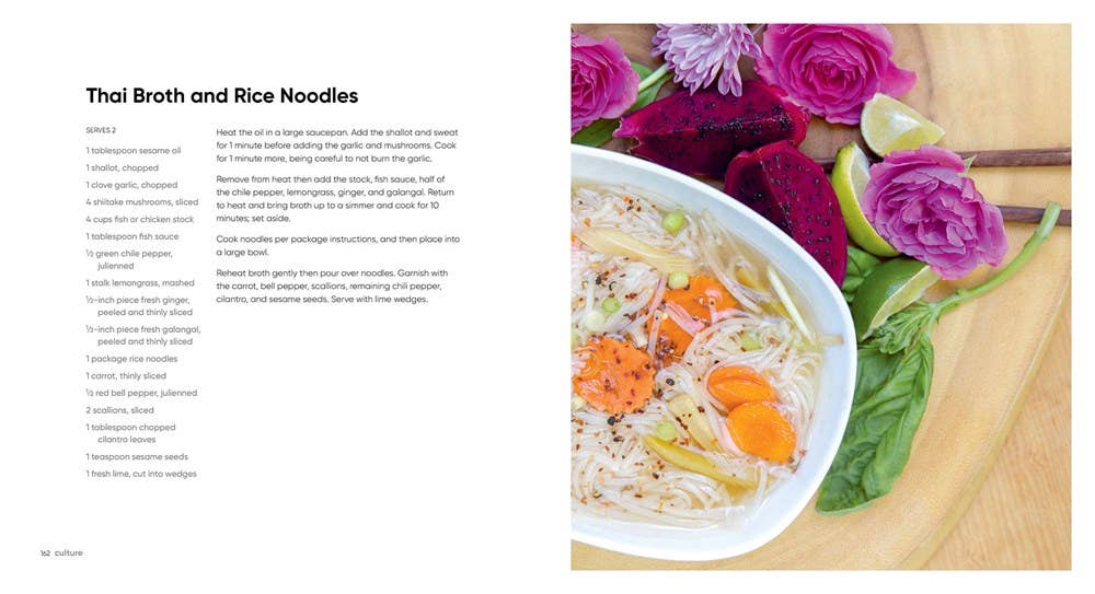 Recipe card for Thai Broth and Rice Noodles with a bowl of noodles and vegetables on a wooden surface.