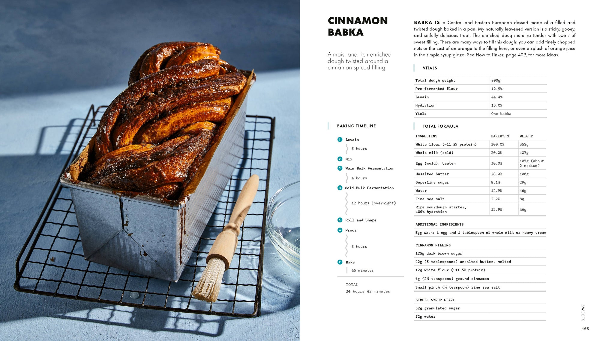 Baked cinnamon babka in a loaf pan with a recipe on the right side.