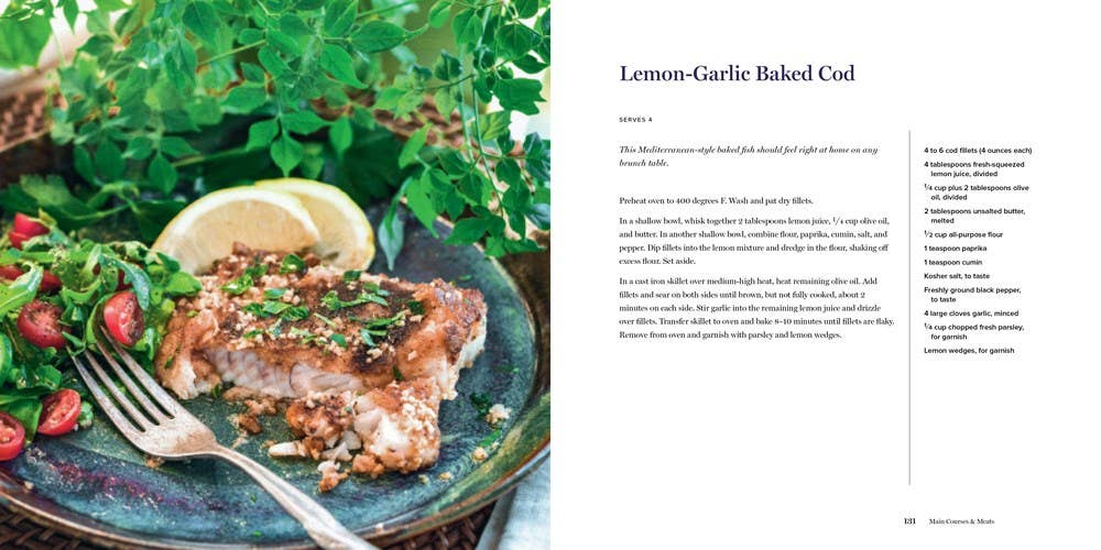 Lemon-Garlic Baked Cod dish with garnishes on a plate, next to text on a recipe.