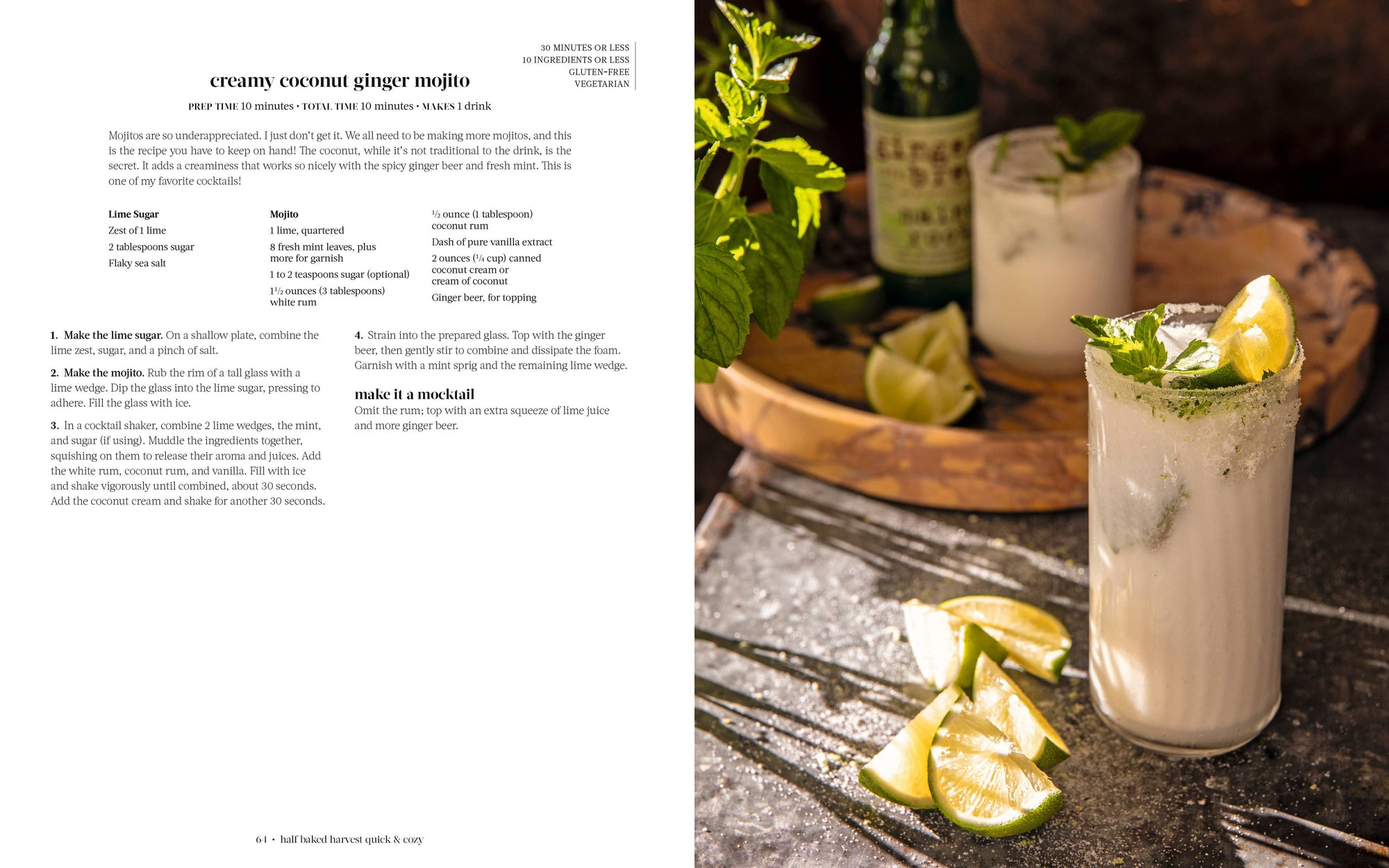 Cocktail recipe with a creamy coconut ginger mojito on a table.