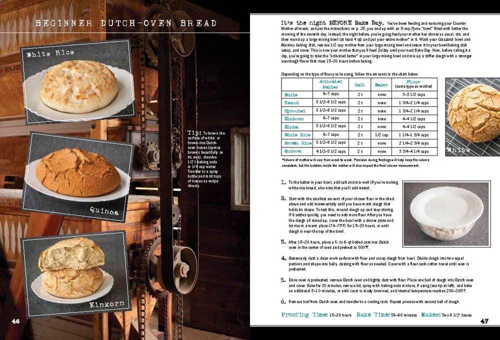 Page from a cookbook featuring recipes for white rice, quinoa, and zingers with images of baked goods.