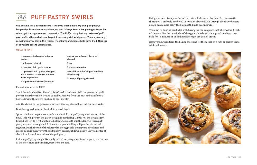 Recipe page for puff pastry swirls with text and images of the pastries.