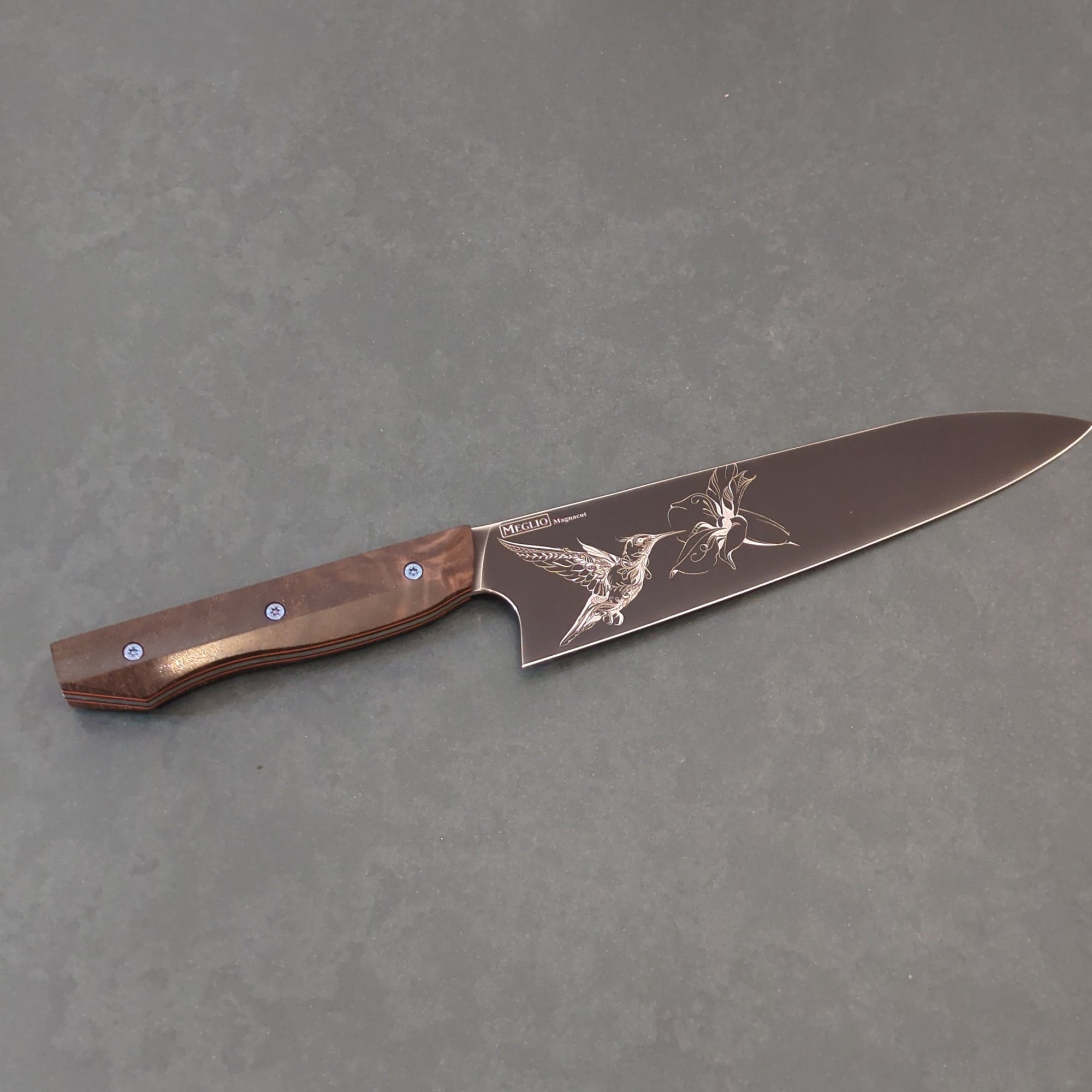 Meglio Knives Kitchen Knives Gyuto 8" Hummingbird Etching | DLC Coating | Ironwood Handle Meglio  • Custom • Magnacut