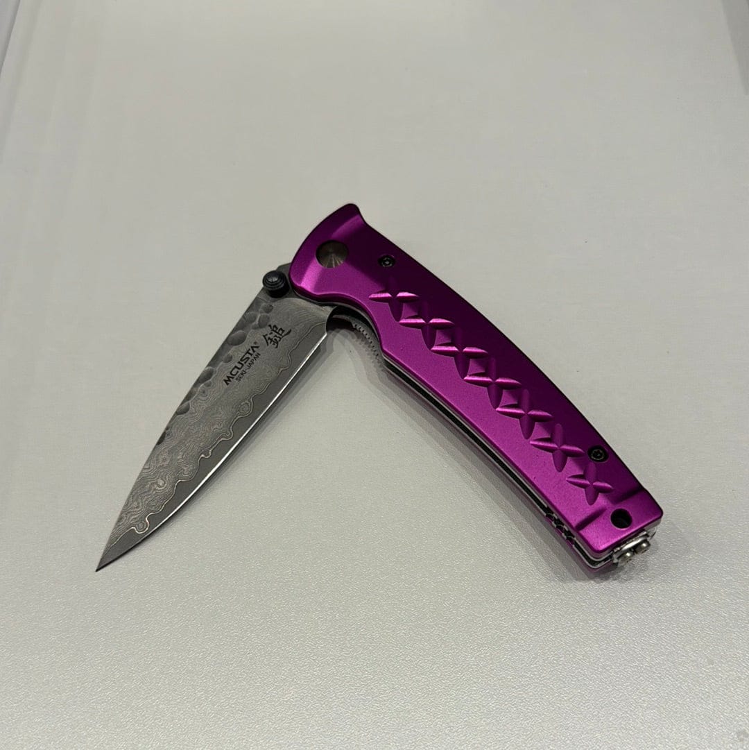 Rubicon Cutlery Folding Knives 4.25 Inch | Folding Knife MCUSTA Fusion • VG-10 Core Damascus • Purple Anodized Aluminum • Folding Knife