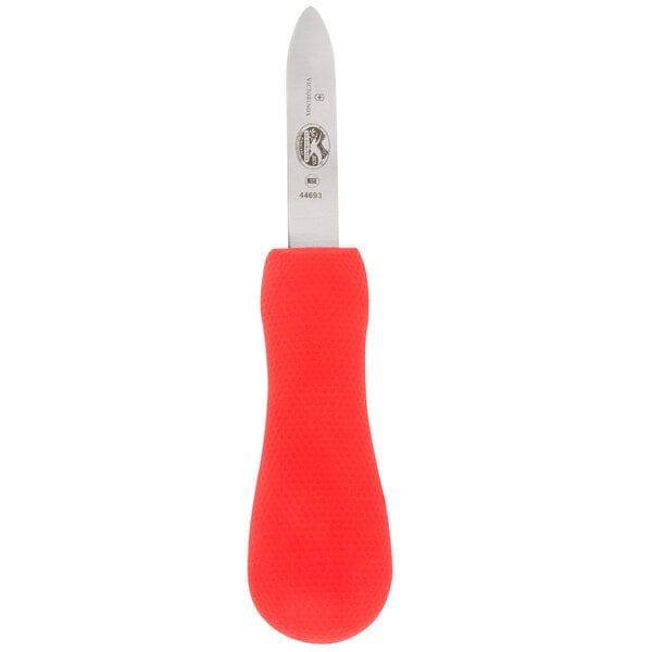 Webstaurant Victorinox 7.6399.3 2 3/4" Stainless Steel New Haven Style Oyster Knife with Red SuperGrip Handle